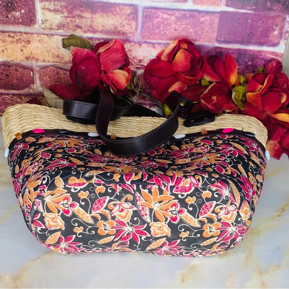 Woven Rattan and Canvas Beaded Floral Market Tote